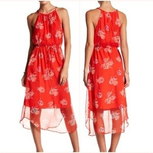 Lucky Brand Floral Cinched Waist Apron Neck Midi Dress